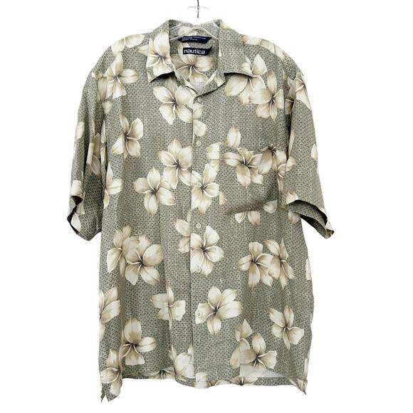 Nautica 100% Silk Hawaiian Floral Short Sleeve Button Down Sz M - Picture 1 of 4